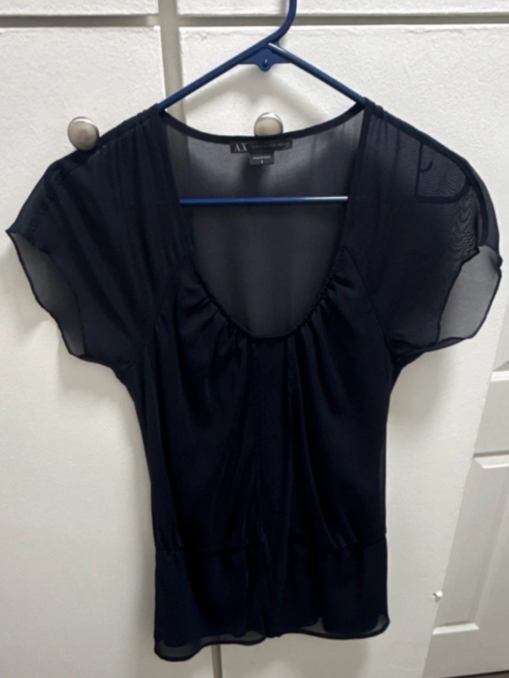 A/X Armani Exchange Black Sheer Scoop-Neck Blouse with Flutter Sleeves